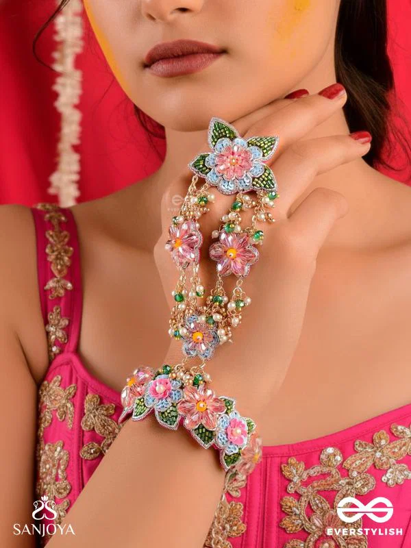 DELICATE EMBROIDERED HAATHPHOOL WITH FLORAL MOTIFS, BEADS AND PEARLS