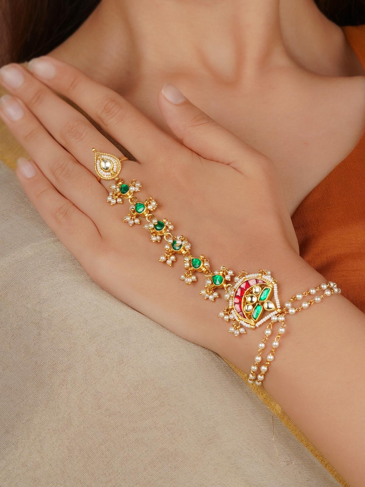Green Color Gold Plated Jadau Kundan Hathphool