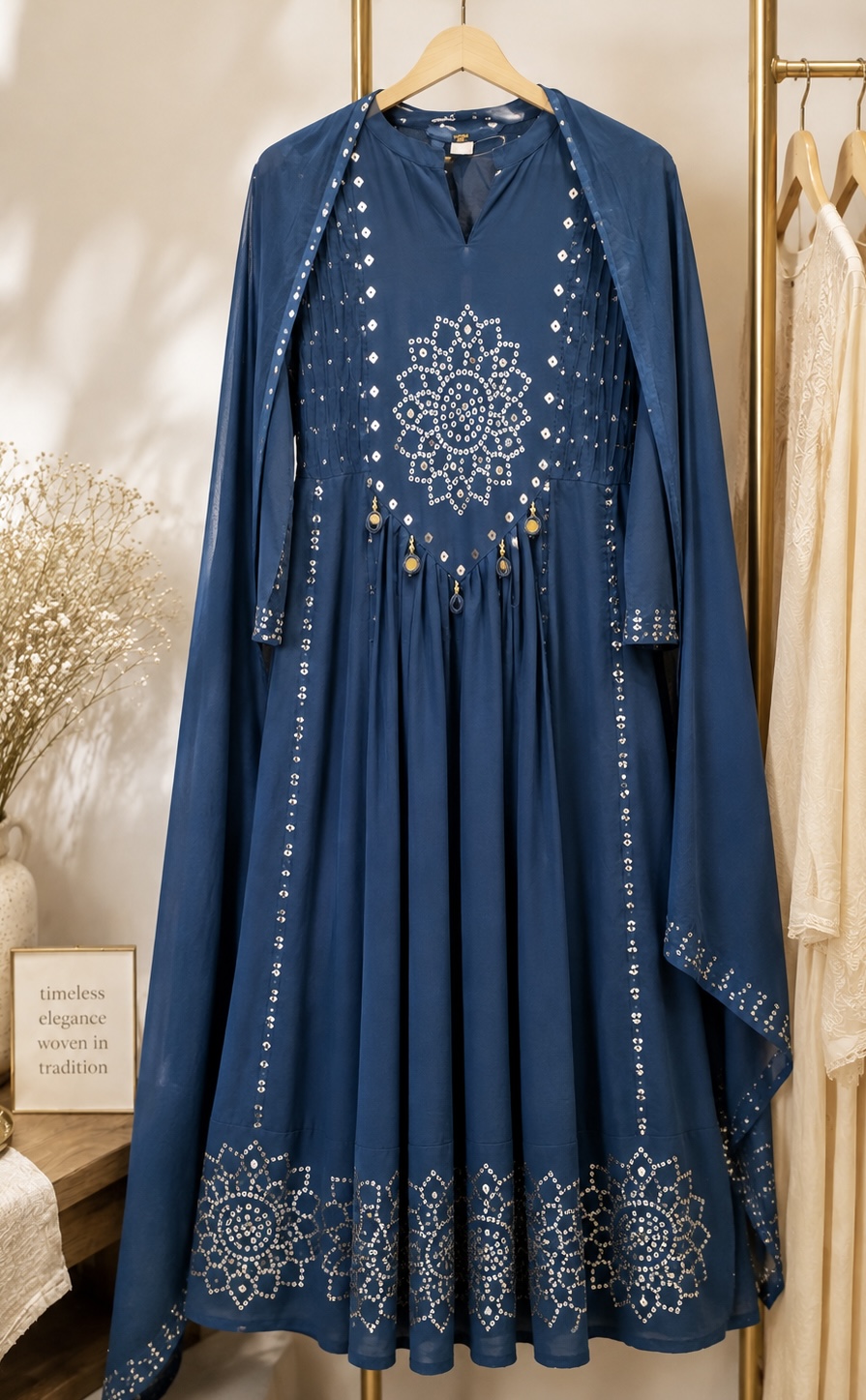 ZETHRA Blue cotton Anarkali with touch of bandhani 